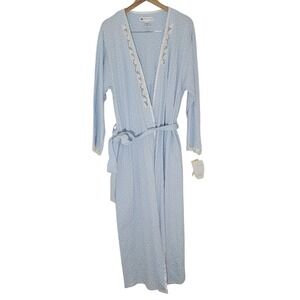 VTG Eileen West NWT Blue White Daisy Dot 100% Cotton Long Belted Robe Lace Sz M